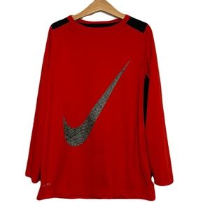 Nike Dri-Fit Boy's Small Long Sleeve Silky Shirt Red Big Swoosh Logo